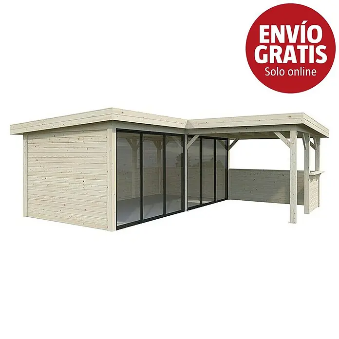 Palmako Caseta de jardín Lenna Set 722 Slide Plus - Medidas ext. (An x Pr): 628 x 628 cm, Madera, Natural - Caseta de jardín en forma de L de madera clara con puertas corredizas de cristal y zona de bar abierta.