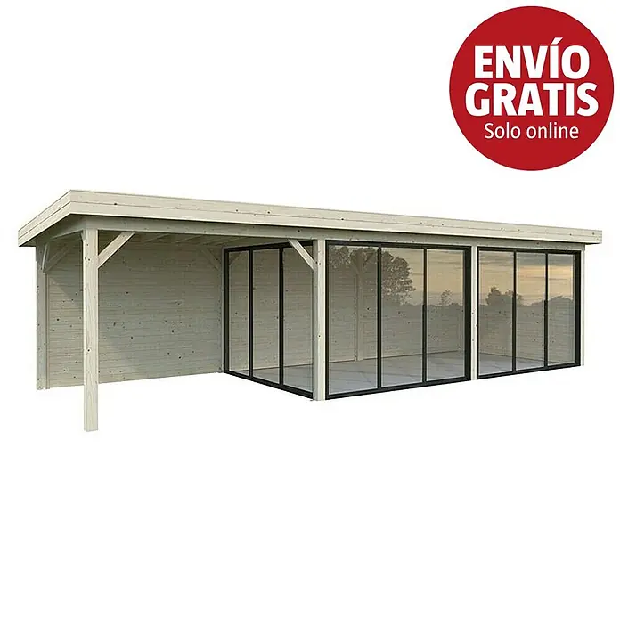 Palmako Caseta de jardín Lenna Set 717 Slide Plus - Medidas ext. (An x Pr): 916 x 340 cm, Madera, Natural - Pérgola de madera clara con un lado abierto y sección acristalada.
