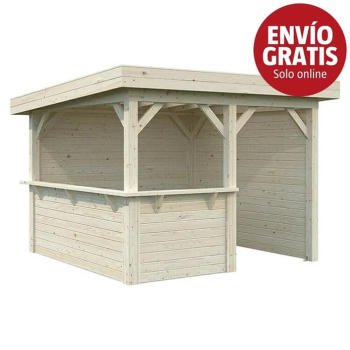 Palmako Pérgola estándar Lenna Set 303 - L x An: 340 x 340 cm, Madera, Natural - Bar exterior de madera clara con techo plano y mostrador.