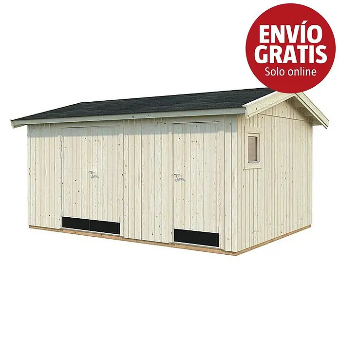 Palmako Caseta de jardín Olaf - Medidas ext. (An x Pr): 505 x 368 cm, Madera, Natural - Caseta de jardín de madera clara con techo negro, dos puertas y ventana lateral pequeña.