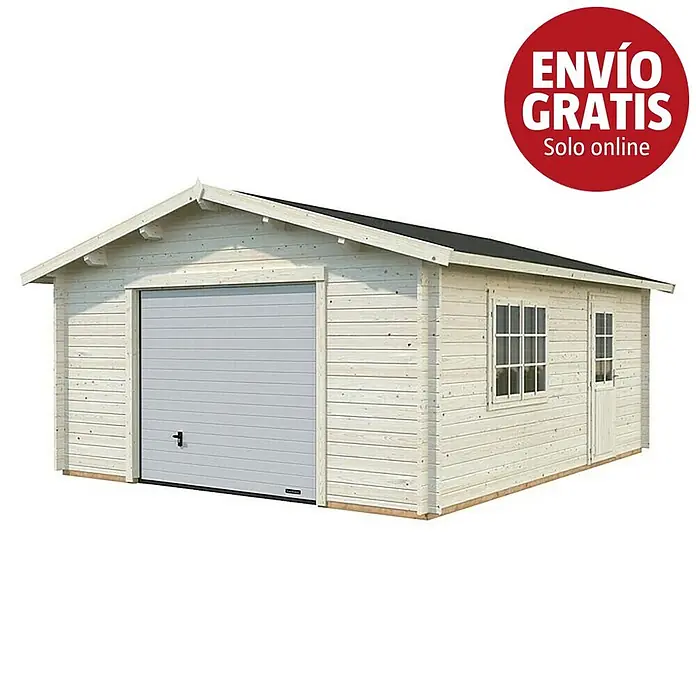 Palmako Garaje Roger con puerta seccional - Medidas ext. (An x Pr): 514 x 598 cm, Madera, Natural, 23,9 m² - Garaje de madera clara con puerta enrollable gris, ventana lateral y pequeña puerta de entrada.