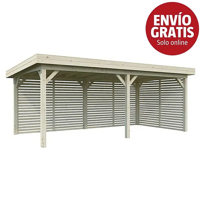 Palmako Pérgola estándar Lenna Set 309 - L x An: 628 x 340 cm, Madera, Natural - Cochera de madera clara con paredes de listones y techo plano.