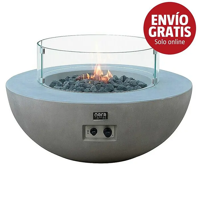 Nora Flames Estufa de exterior Colima - 16 kW, Altura: 40 cm, Gris - Brasero redondo de hormigón gris, marca nora flames, con protector de vidrio, rocas de fuego encendidas y perillas de control.