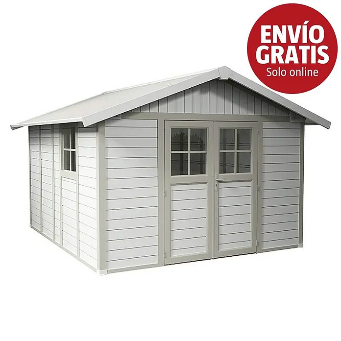 Grosfillex Caseta para jardín Deco - Medidas ext. (An x Pr): 315 x 357 cm, Plástico, Blanco/Gris verdoso, 11 m² - Caseta de jardín blanca con detalles gris claro, puertas dobles y una ventana. Paneles horizontales y techo a dos aguas.