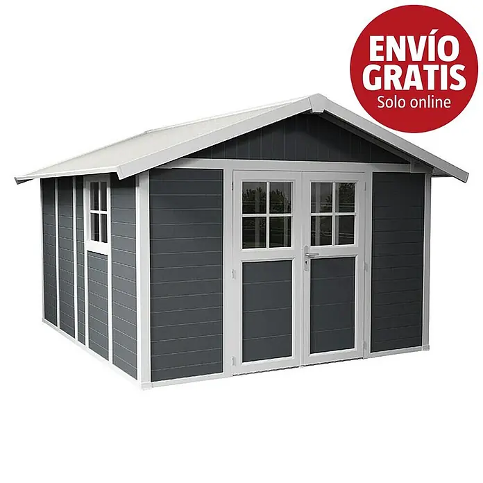 Grosfillex Caseta para jardín Deco - Medidas ext. (An x Pr): 315 x 357 cm, Plástico, Blanco/Gris oscuro, 11 m² - Caseta de jardín gris oscuro con molduras blancas, techo blanco y puertas dobles con ventanas, además de una ventana lateral.