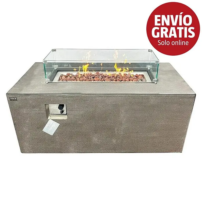 Nora Flames Estufa de exterior Misti - 16 kW, L x An x Al: 140 x 70 x 58 cm, Gris - Mesa fogonera rectangular gris con aspecto de hormigón y protector de cristal, con llamas sobre rocas decorativas. Apertura para control al frente.