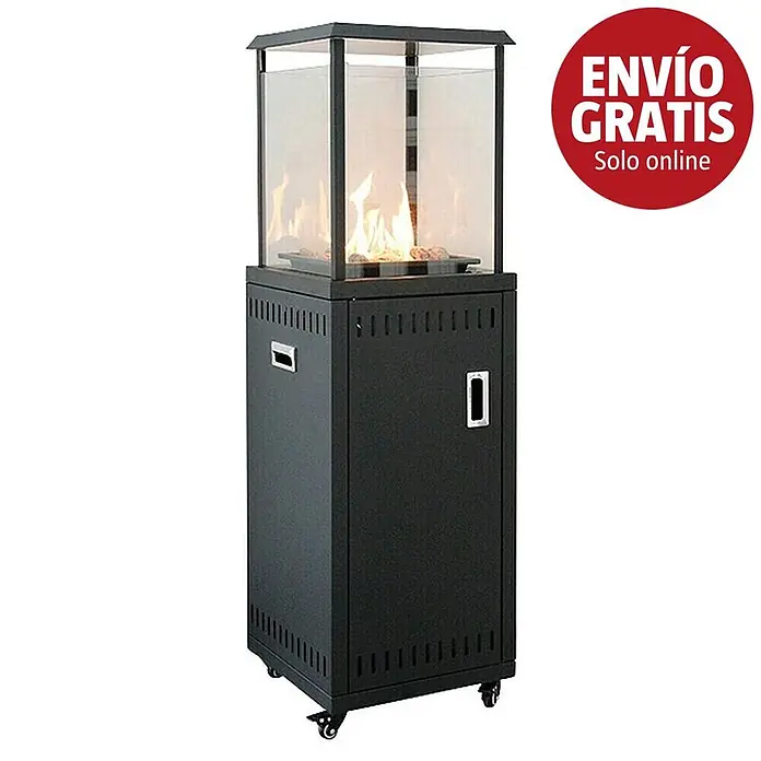 Nora Flames Estufa de exterior Kauai - 9 kW, Altura: 136,5 cm, Negro - Calefactor de terraza exterior negro con cerramiento de cristal y ruedas.