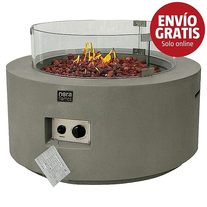 Nora Flames Estufa de exterior Fuji - 16 kW, Altura: 40 cm, Gris - Fogonero de gas redondo gris con protector de vidrio, llamas y rocas de lava.