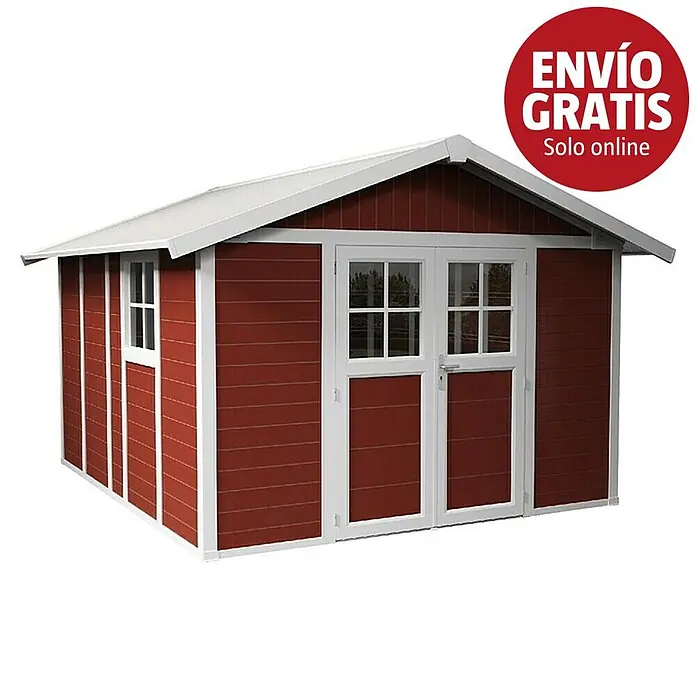 Grosfillex Caseta para jardín Deco - Medidas ext. (An x Pr): 315 x 357 cm, Plástico, Blanco/Rojo, 11 m² - Caseta de jardín roja con techo, ventana y puertas dobles blancas.