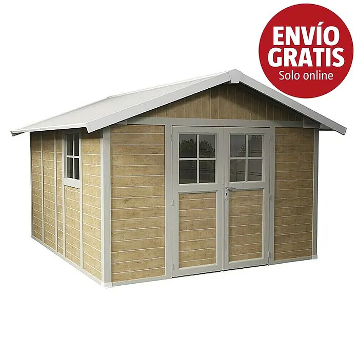 Grosfillex Caseta para jardín Deco - Medidas ext. (An x Pr): 315 x 357 cm, Plástico, Blanco/Efecto madera, 11 m² - Caseta de jardín de madera marrón claro con molduras y techo grises, puertas dobles con cristal y una pequeña ventana lateral.