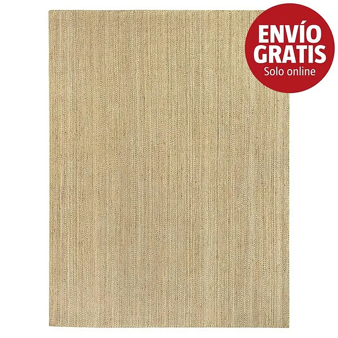 Alfombra de yute Córdoba - Natural, 400 x 300 cm, 100% yute - Una alfombra rectangular de yute beige claro con textura finamente tejida y una insignia roja "ENVÍO GRATIS Solo online" en la esquina superior derecha.