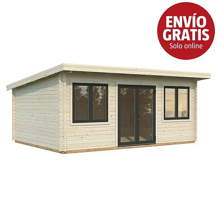 Palmako Caseta de jardín Lisandra - Medidas ext. (An x Pr): 578 x 451 cm, Madera, Natural - Caseta de jardín de madera clara con techo plano, ventanas de marco oscuro y puerta de cristal.