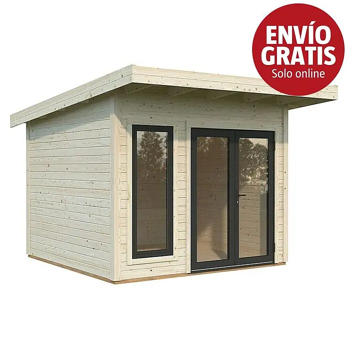 Palmako Caseta de jardín Aurelia - Medidas ext. (An x Pr): 340 x 404 cm, Madera, Natural - Una caseta de jardín de madera clara con techo plano, una ventana alta y puertas dobles de cristal.