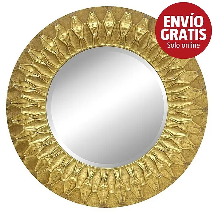 Espejo de pared Arabia - Diámetro: 70 cm, Oro - Espejo redondo dorado con marco texturizado y geométrico.