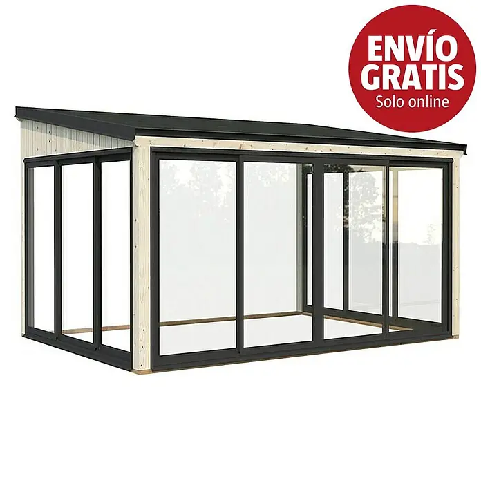 Palmako Pérgola adosada Lumi Slide - L x An: 297 x 420 cm, Natural, Con cristal templado de 4 mm, Puerta corredera - Invernadero moderno con estructura de madera clara, techo negro y puertas corredizas de cristal con marco oscuro.