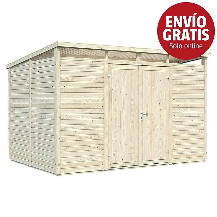 Palmako Caseta para jardín Elias - Medidas ext. (An x Pr): 337 x 247 cm, Madera, Natural - Caseta de madera clara con techo inclinado y puertas dobles.