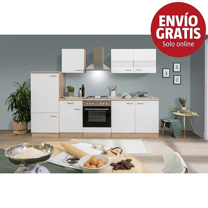Respekta Cocina modular completa Merle - Ancho: 270 cm, Blanco, Sin electrodomésticos - Mueble de cocina modular blanco y madera clara con horno, vitrocerámica, fregadero y armarios superiores, en un ambiente moderno.