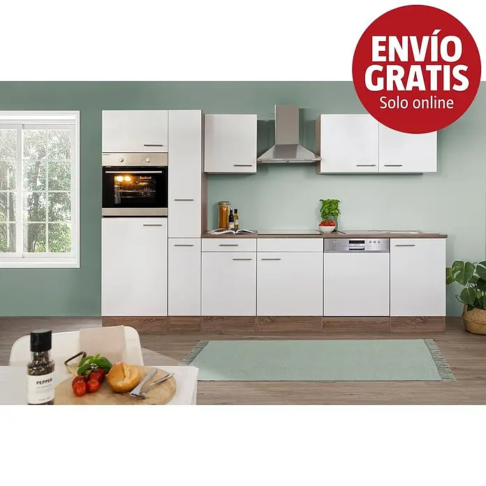 Respekta Cocina modular completa Oliver - Ancho: 310 cm, Blanco, Sin electrodomésticos - Cocina integral blanca con horno, lavavajillas y campana extractora integrados, con detalles efecto madera.