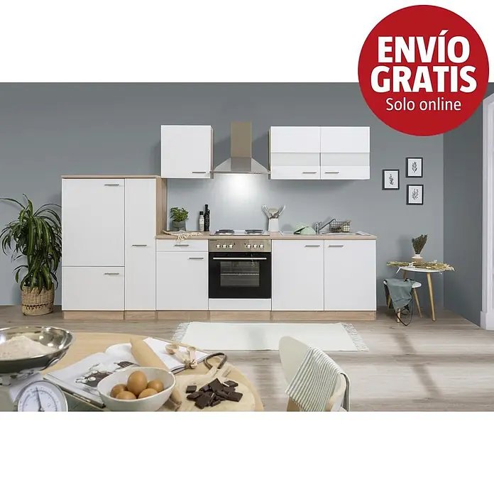 Respekta Cocina modular completa Merle - Ancho: 300 cm, Blanco, Sin electrodomésticos - Mueble de cocina moderno con frentes blancos y encimera efecto madera clara, horno y placa integrados, en un ambiente de cocina.
