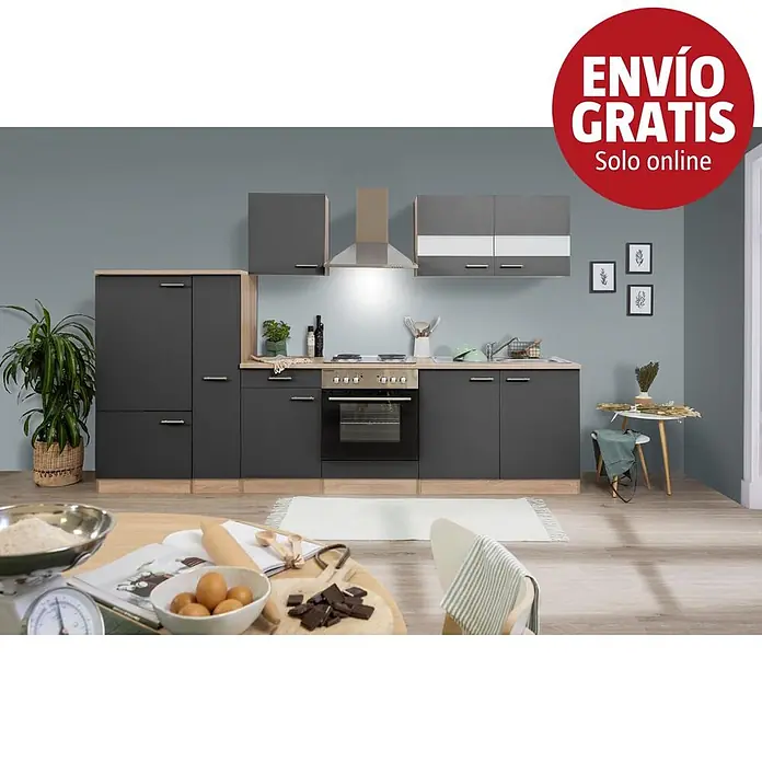 Respekta Cocina modular completa Merle - Ancho: 300 cm, Gris, Sin electrodomésticos - Muebles de cocina modernos gris oscuro con encimeras efecto madera y electrodomésticos integrados, como horno y campana extractora.