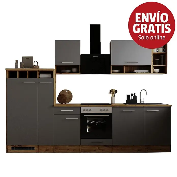 Respekta Cocina modular completa Hilde - Ancho: 310 cm, Gris, Mate, Efecto madera, Sin electrodomésticos - Cocina moderna gris oscuro con detalles de madera, horno, encimera y fregadero integrados, armarios superiores y campana extractora.