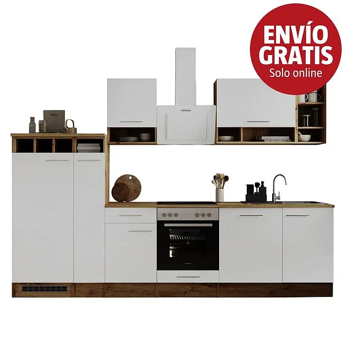 Respekta Cocina modular completa Hilde - Ancho: 310 cm, Blanco, Mate, Efecto madera, Sin electrodomésticos - Conjunto de cocina blanco y efecto madera con horno, vitrocerámica, fregadero y campana extractora, con muebles altos, bajos y un armario columna.