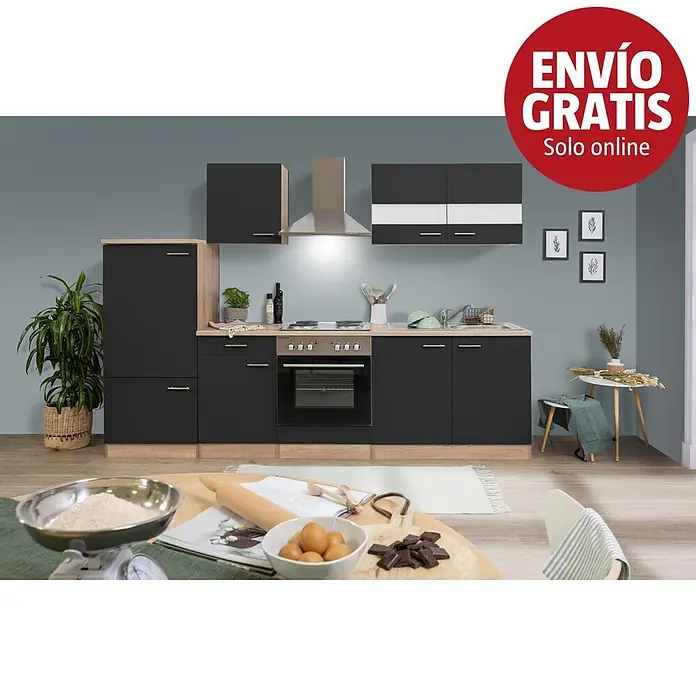 Respekta Cocina modular completa Merle - Ancho: 280 cm, Negro, Sin electrodomésticos - Cocina moderna con armarios negros, encimeras efecto madera, horno, vitrocerámica, fregadero y campana extractora integrados, en un ambiente contemporáneo.