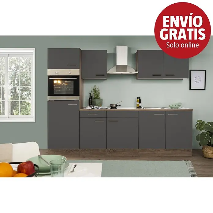 Respekta Cocina modular completa Oliver - Ancho: 270 cm, Gris, Sin electrodomésticos - Mueble de cocina modular gris oscuro con encimera de madera, horno empotrado y armarios altos, en una cocina moderna.