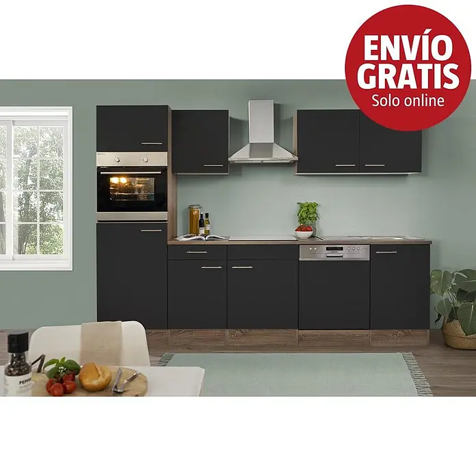 Respekta Cocina modular completa Oliver - Ancho: 280 cm, Negro, Sin electrodomésticos - Cocina modular antracita con horno, lavavajillas y campana, armarios oscuros y encimera de madera.