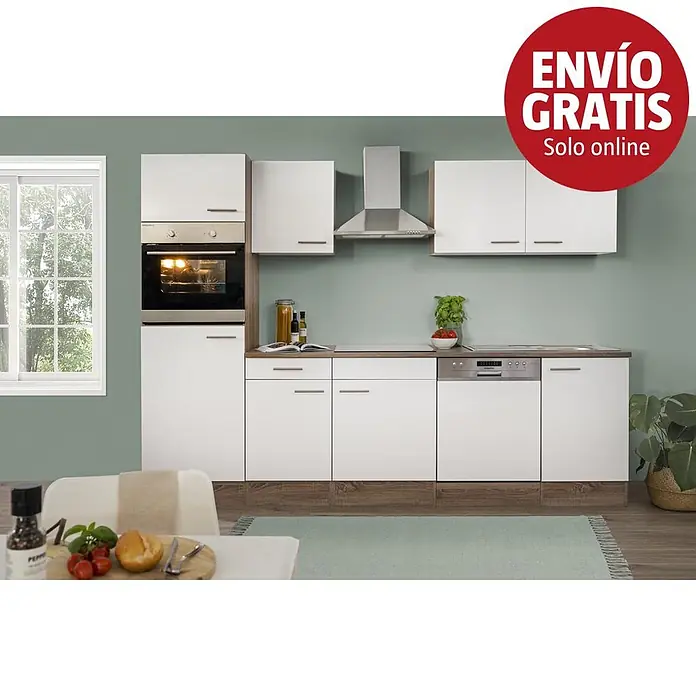 Respekta Cocina modular completa Oliver - Ancho: 280 cm, Blanco, Sin electrodomésticos - Mueble de cocina moderno blanco con encimera efecto madera, horno, lavavajillas y campana extractora integrados, en una habitación.