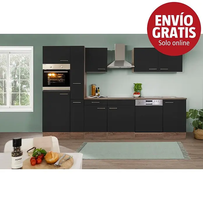 Respekta Cocina modular completa Oliver - Ancho: 310 cm, Negro, Sin electrodomésticos - Cocina moderna negra con encimeras y zócalos efecto madera, horno, vitrocerámica y lavavajillas integrados.