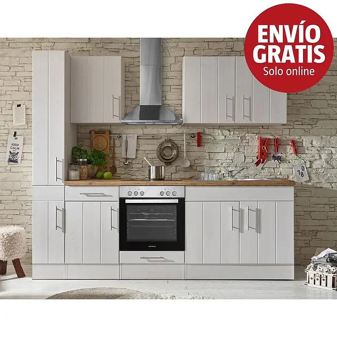Respekta Premium Cocina modular completa Anton - Ancho: 240 cm, Blanco, Sin electrodomésticos - Mueble de cocina de madera clara con horno y placa integrados, armarios superiores e inferiores y encimera de madera natural.