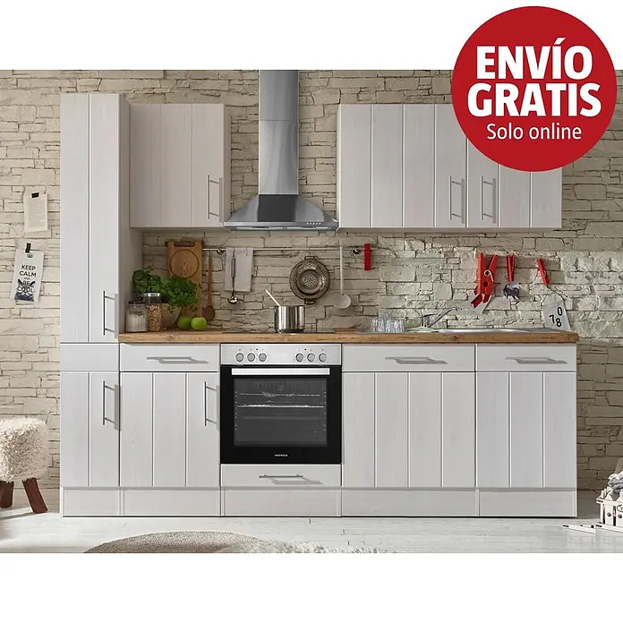 Respekta Premium Cocina modular completa Anton - Ancho: 250 cm, Blanco, Sin electrodomésticos - Cocina completa con muebles claros efecto madera envejecida, horno, placa y fregadero integrados, sobre pared de piedra.