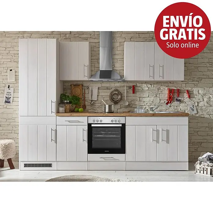 Respekta Premium Cocina modular completa Anton - Ancho: 270 cm, Blanco, Sin electrodomésticos - Mueble de cocina de madera blanca con horno integrado y encimera de madera, de diseño moderno.