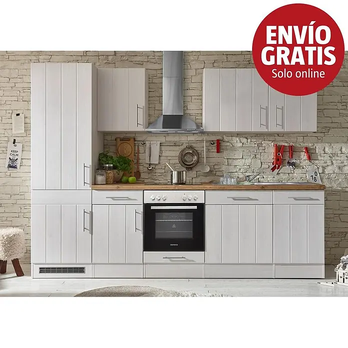 Respekta Premium Cocina modular completa Anton - Ancho: 280 cm, Blanco, Sin electrodomésticos - Mueble de cocina de madera blanca con horno integrado y encimera de madera en un ambiente de cocina moderno.