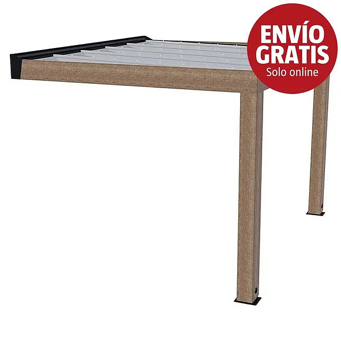 Palram – Canopia Marquesina adosada Helsinki - An x Pr: 340 x 300 cm, Cedro, Policarbonato, Translúcido - Pérgola de aspecto de madera marrón con ribete negro y techo de lamas gris claro para exterior.