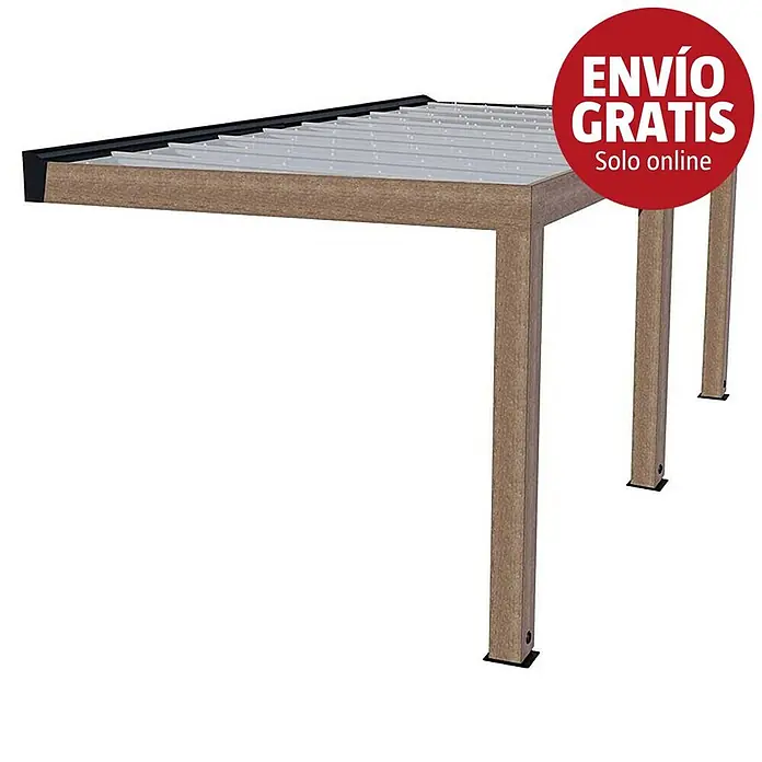Palram – Canopia Marquesina adosada Helsinki - An x Pr: 600 x 300 cm, Cedro, Policarbonato, Translúcido - Pérgola con estructura de aspecto de madera y techo de lamas claras.