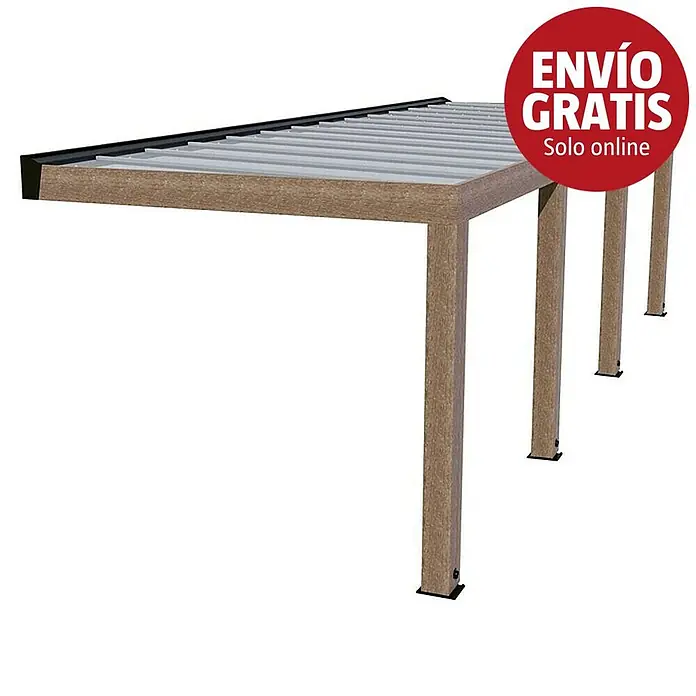 Palram – Canopia Marquesina adosada Helsinki - An x Pr: 860 x 300 cm, Cedro, Policarbonato, Translúcido - Pérgola marrón efecto madera con techo de lamas grises y placas base negras, para exterior.