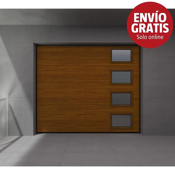 Solid Elements Puerta de garaje seccional PRO - 250 x 212,5 cm, Marrón, Cuarterón 4 ventanas vertical - Puerta de garaje marrón imitación madera con cuatro ventanas rectangulares, instalada en pared de hormigón.