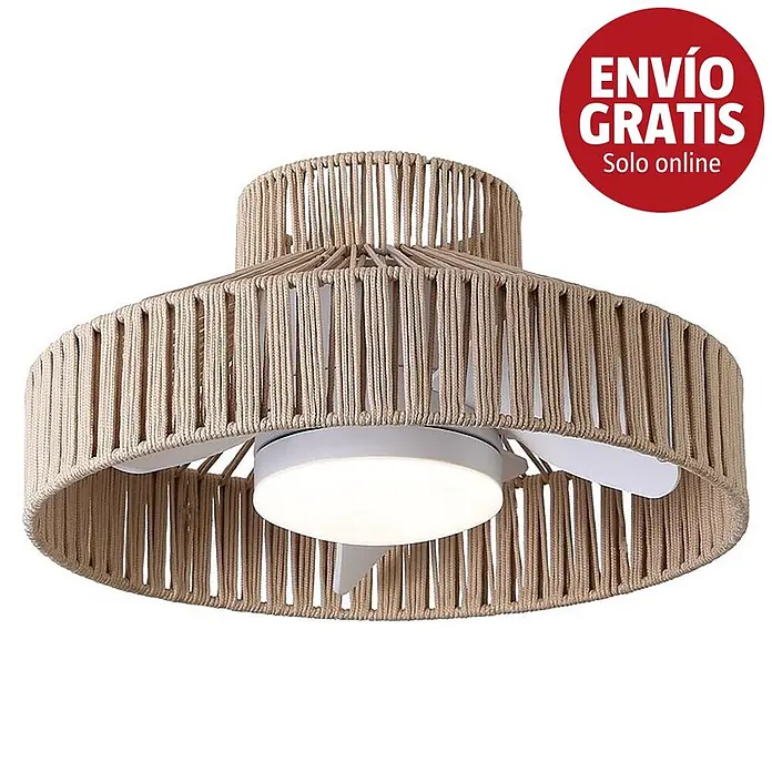 Sulion Ventilador de techo Windsor - Marrón, 51 cm, 18 W, Blanco cálido - Ventilador de techo con luz integrada, con una pantalla decorativa redonda envuelta en cuerda de color natural.