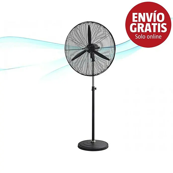 Purline Venty Ventilador de pie Metablast - Negro, 75 cm, 190 cm - Ventilador de pie negro con tres aspas y rejilla circular, con un distintivo "ENVÍO GRATIS Solo online" y gráfico de flujo de aire azul.