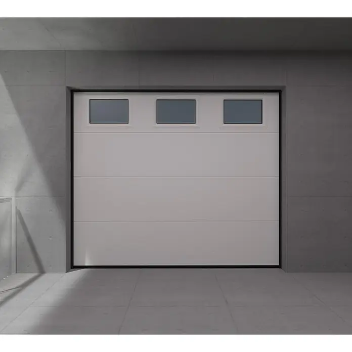 Solid Elements Puerta de garaje seccional PRO - 250 x 212,5 cm, Blanco, 3 ventanas verticales - Puerta de garaje seccional blanca moderna con tres ventanas superiores y marco negro.
