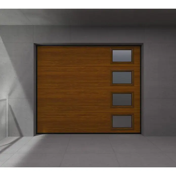 Solid Elements Puerta de garaje seccional PRO - 250 x 212,5 cm, Marrón, Cuarterón 4 ventanas vertical - Puerta de garaje con efecto madera y cuatro ventanas rectangulares, empotrada en pared de hormigón.