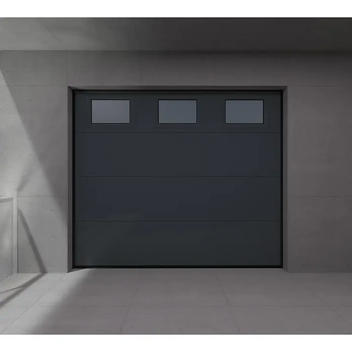 Solid Elements Puerta de garaje seccional PRO - 250 x 212,5 cm, Gris antracita, 3 ventanas verticales - Puerta de garaje seccional gris oscuro con tres ventanas rectangular.