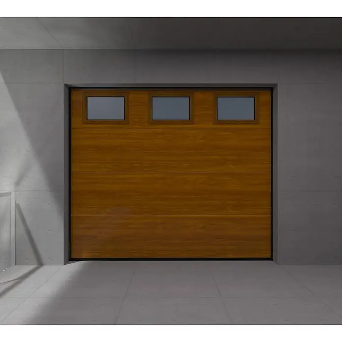 Solid Elements Puerta de garaje seccional PRO - 250 x 212,5 cm, Marrón, 3 ventanas verticales - Puerta de garaje seccional efecto madera marrón con tres ventanas, en muro de hormigón.