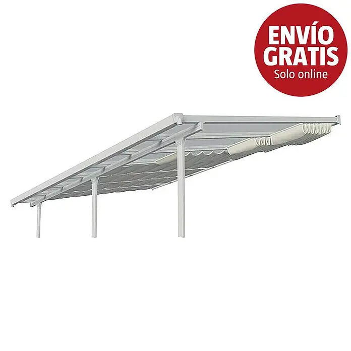Palram – Canopia Techo de repuesto para pérgola - 325 x 64,5 cm, Específico para: Pérgola 300 x 300, Blanco, 5 ud. - Pérgola de aluminio blanca con techo de tela retráctil, vista angular.