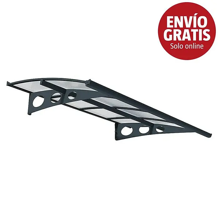 Palram – Canopia Marquesina para puerta Herald - 223 x 140 x 33 cm - Toldo gris oscuro con paneles translúcidos y un adhesivo rojo 'ENVÍO GRATIS'.