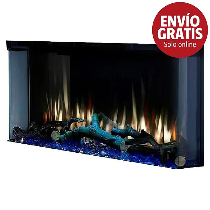 Charlton & Jenrick Chimenea eléctrica 4D i920E Slim - Negro, 1.500 W, 16,7 x 92 x 47,8 cm - Inserto de chimenea eléctrica con efecto de llama realista, lecho de cristales azules brillantes y troncos.