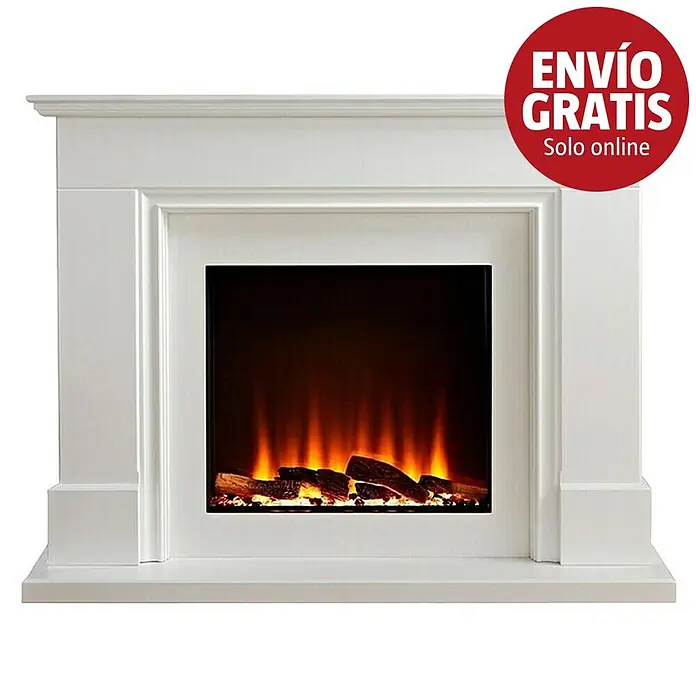 Focalpoint Chimenea eléctrica Kendal - Blanco, 1.700 W - 2.000 W, 38 x 125 x 99 cm - Chimenea eléctrica blanca con llamas y troncos artificiales, con pegatina "Envío Gratis solo online".