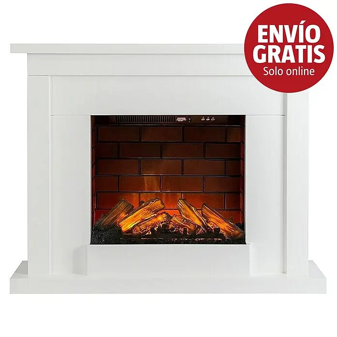 Focalpoint Chimenea eléctrica Atherstone Brick - Blanco/Ladrillo, 2.000 W, 24 x 100 x 80 cm - Chimenea eléctrica blanca con leños artificiales encendidos.